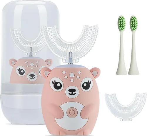 Vista 9 de Cepillos de dientes eléctricos en forma de U para niños, cepillo de dientes automático sónico de dibujos animados ciervos (azul 2-6 edad)