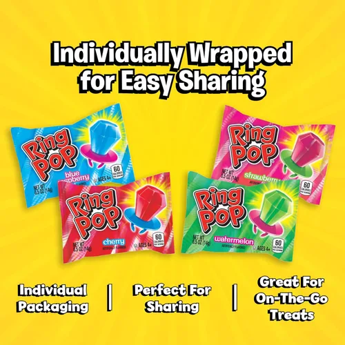 Vista 5 de Ring Pop - Paquete variado de piruletas individuales envueltas para el regreso a clases a granel – 20 piruletas con sabores surtidos – Dulces