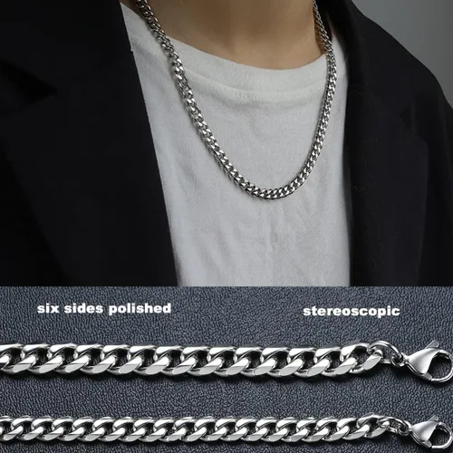 Vista 3 de OURSHYNE Collares de cadena de eslabones cubanos de acero inoxidable plateado para hombres joyería simple regalo para hombres mujeres niños y niñas