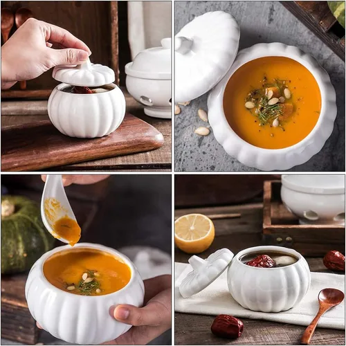 Vista 6 de BESTonZON Cuenco de sopa de cerámica con tapa de 4.13 pulgadas cubierto para estofado, plato de porcelana para postres de calabaza y guisos, vajilla