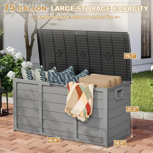 Vista 3 de Caja de almacenamiento para terraza al aire libre de 75 galones, resina resistente con tapa con cerradura, resistente a los rayos UV para muebles