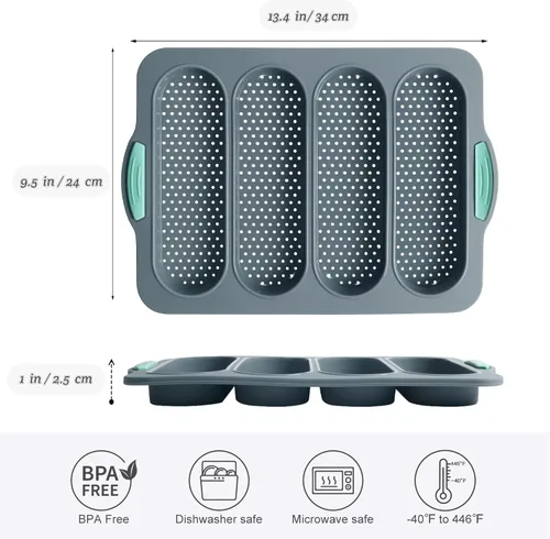 Vista 5 de Sartén para pan de baguette, sartén antiadherente de silicona de grado alimenticio, bandeja para hornear pan francés perforado de 4 cavidades