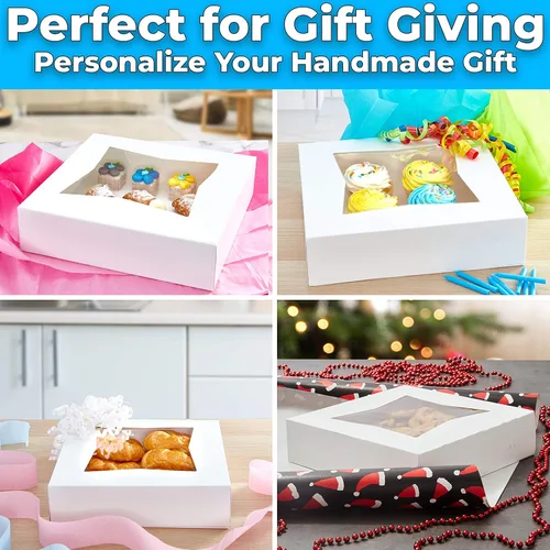 Vista 7 de Caja de panadería blanca gourmet de 10 pulgadas, 1 unidad/caja individual. Bonita ventana para tartas, pasteles, cupcakes, pasteles. Transporta