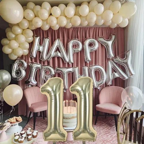 Vista 6 de Globos dorados de color champán con el número 11, globos de oro claro, globo de aluminio dorado con forma de corazón con estrella y globo largo