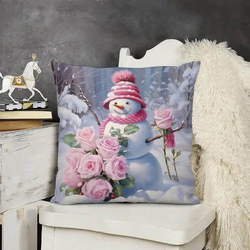 Vista 11 de Funda de cojín de muñeco de nieve con rosas rosadas, bufanda y sombrero, funda de almohada para cama, decoración moderna para sofá, dormitorio, sala