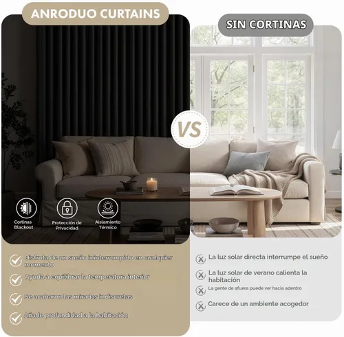 Vista 3 de ANRODUO Juego de 2 cortinas con bloqueo de luz del 99%, cortinas de 84 pulgadas de largo, cortinas negras para dormitorio, cortinas con aislamiento