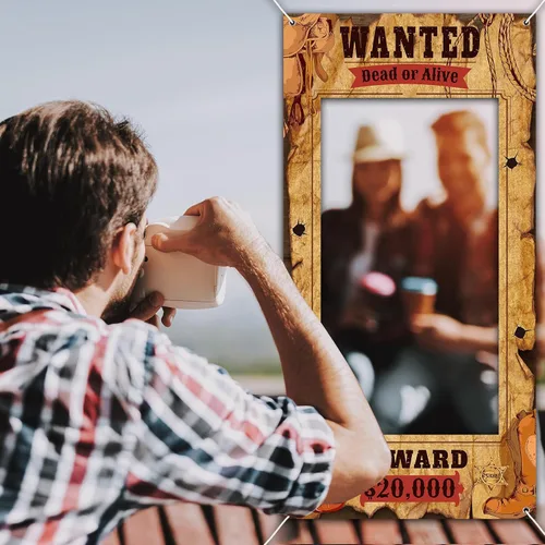 Vista 7 de Funrous Wanted Poster Photo Prop Western Photo Booth Prop - Marco grande para selfies, cartel de tela, cartel de fondo para decoración de fiesta