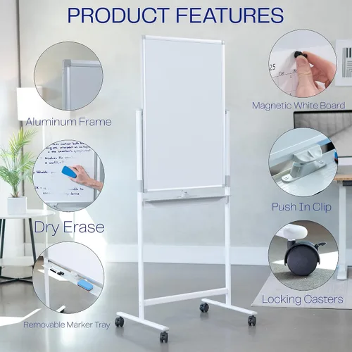 Vista 4 de VIVO Móvil 24 x 36 pulgadas, pizarra blanca de borrado en seco de doble cara, soporte de aluminio rodante, magnético, CART-WB24A