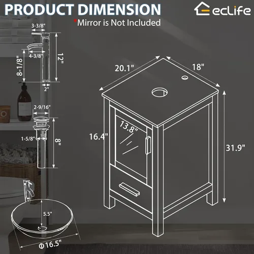 Vista 2 de eclife Armario de tocador de baño moderno de 18 pulgadas con lavabo Redondel negro