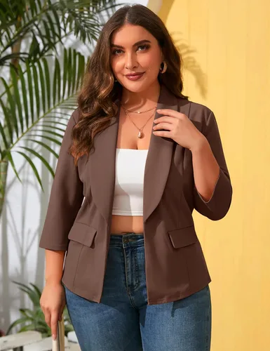 Vista 2 de Blazer casual con bolsillos para mujer, talla grande, para oficina, frente abierto, manga 34, cárdigans, chaqueta de trabajo