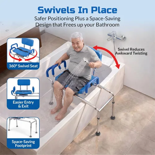 Vista 2 de Banco de transferencia deslizable para ducha con asiento giratorio Carousel, bariátrico, acolchado premium con apoyabrazos giratorios, alta