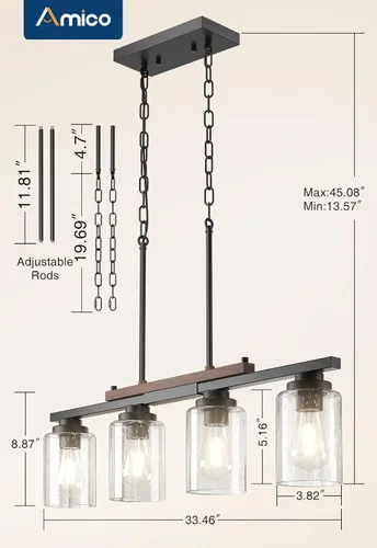 Vista 5 de Amico Lámpara de Comedor de 4 Luces para Isla de Cocina con Varillas Ajustables, Candelabro de Decoración Rústica de Metal Negro y Madera