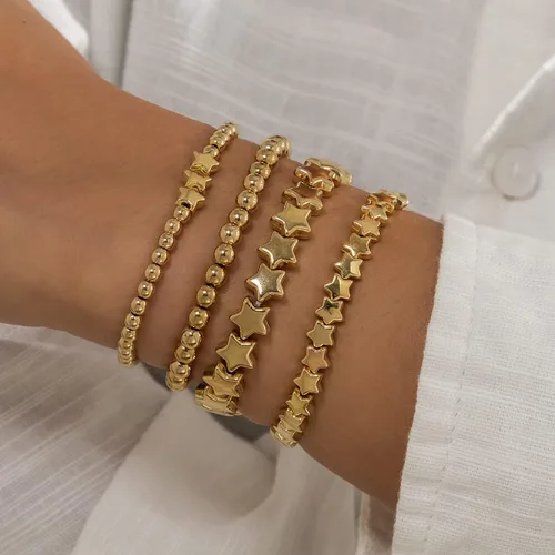 Vista 2 de Xerling 4 pulseras de cuentas doradas para mujer, pulseras de cadena de bolas de estrellas para adolescentes y niñas, pulsera elástica elástica