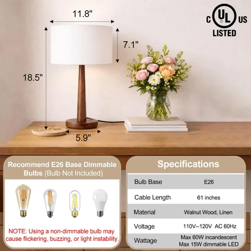 Vista 2 de Lámpara de mesa moderna de 18.5 pulgadas con base de madera de nogal, lámpara de escritorio regulable con certificación UL y mesita de noche