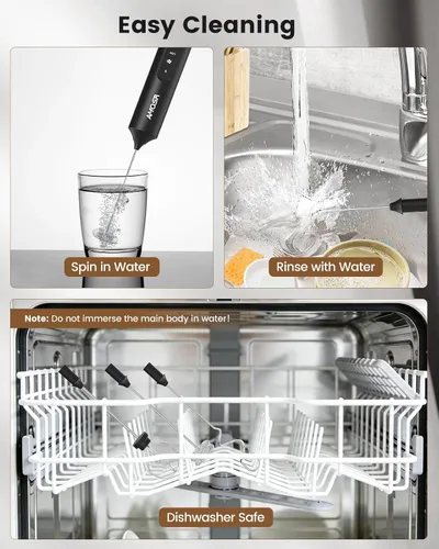 Vista 5 de AMOSA Espumador de leche de mano con soporte, espumador recargable con 3 velocidades y 3 cabezales, espumador de viaje con funda, mezclador de café