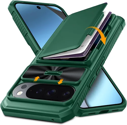 Vista 29 de CENMASO - Funda para Google Pixel 9 Pro XL con tarjetero (4 tarjetas), funda deslizante para cámara y función atril, bloqueo RFID, protección