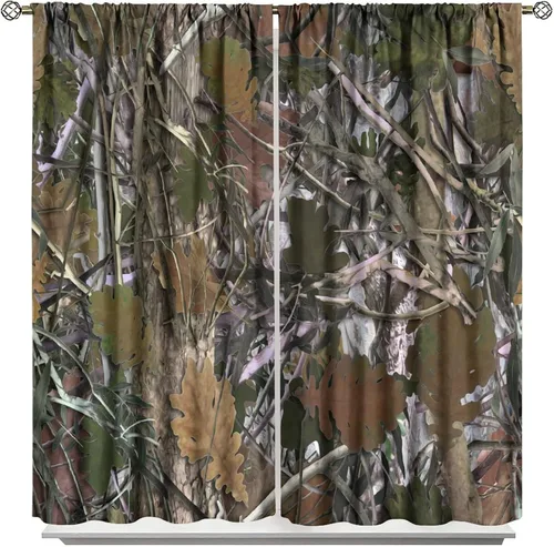 Vista 15 de Cortinas opacas de camuflaje de bosque, animales salvajes, osos, ciervos, alces, con bolsillo para barra, para sala de estar, dormitorio, decoración