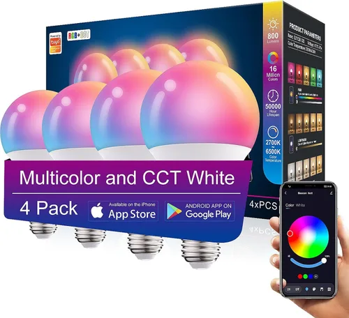 Vista 6 de Bombillas inteligentes, bombilla LED WiFi y Bluetooth que es compatible con Alexa y Google Home, bombilla que cambia de color, bombillas WiFi A19