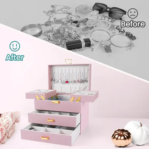 Vista 2 de Dajasan Cajas de joyería para mujeres y niñas, organizador de almacenamiento de joyas, 4 capas, caja organizadora de joyas grande con 2 cajones