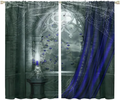 Vista 38 de Cortinas opacas góticas, diseño de calavera de terror de palacio retro, fondo de rosas rojas, sala de estar, dormitorio, cocina, cortinas de ventana