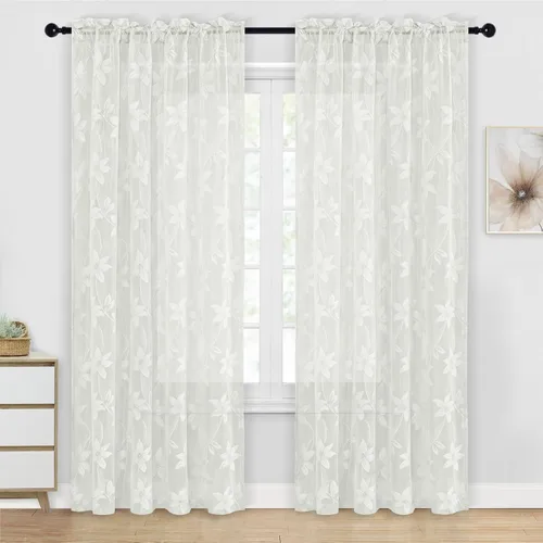 Vista 51 de DWCN Paquete de 2 cortinas traslúcidas pequeñas de encaje floral beige para cocina, cortinas traslúcidas ligeras con bolsillo para barra, cortinas