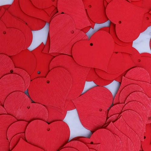 Vista 9 de 100 piezas de corazones de madera roja decorativos en forma de corazón con agujero para colgar para manualidades de bricolaje para decoración