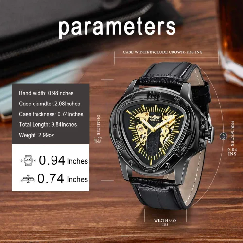 Vista 7 de Triangle Golden Skeleton Watch for Men Mechanical Automatic Wristwatch Sport Silver Stainless Steel Mens Watches
