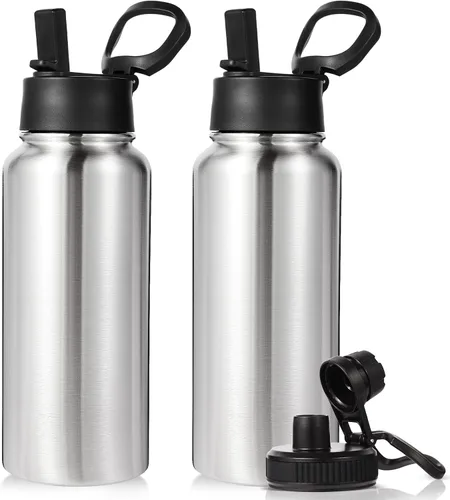 Vista 30 de Neihepal Botella de agua aislada de 32 onzas con 2 tapas (tapa con pajilla y boquilla), botellas de agua de doble pared de acero inoxidable 18/8