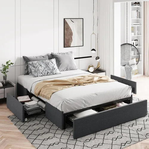 Vista 12 de Marco de cama Allewie tamaño matrimonial con plataforma y 3 cajones de almacenamiento, tapizado en piel sintética, soporte de listones de madera,