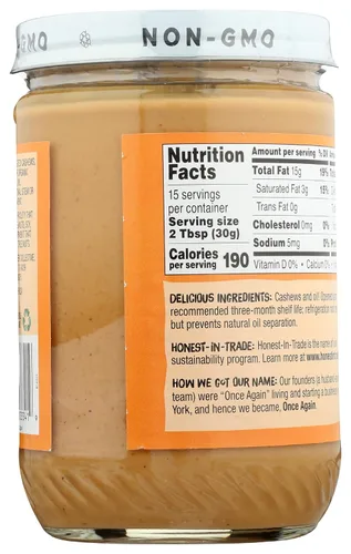 Vista 2 de Once Again Manteca de anacardo cremosa natural, 16 onzas, sin azúcar, sin maní, sin gluten, certificado vegano, kosher, tarro de cristal