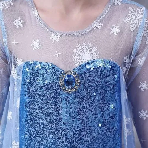 Vista 3 de Disfraz de Elsa Frozen, vestido de lentejuelas, capa de copo de nieve, accesorios incluidos