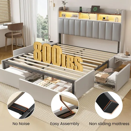 Vista 5 de BRELTAM Base de cama Queen con cabecero, 4 cajones de almacenamiento y escritorio ajustable integrado, estación de carga, fácil montaje, no necesita