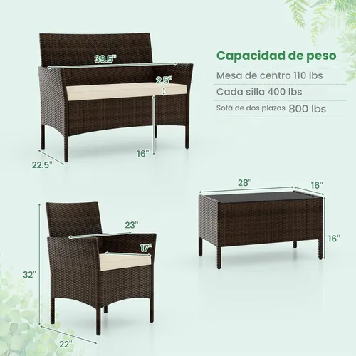 Vista 3 de RELAX4LIFE Juego de muebles de patio de 4 piezas – Juego de muebles de ratán para conversación al aire libre con cojines, mesa de centro de cristal