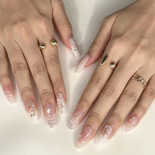 Vista 8 de Uñas postizas a presión de almendra, uñas postizas medianas con diseños de estampado francés de lámina dorada 3D, pegamento dorado Starlight en uñas