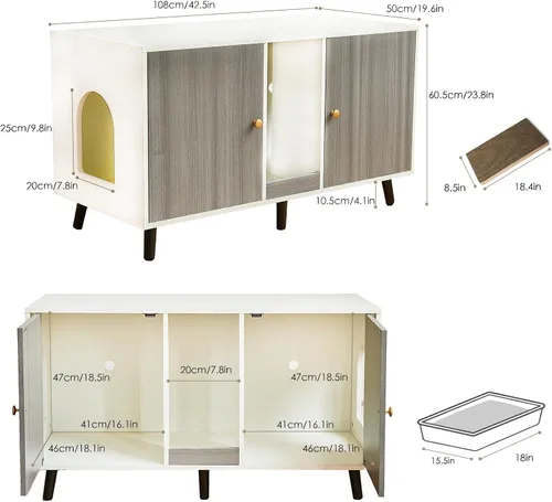 Vista 2 de Caja de arena para gatos para 2 gatos, caja de arena escondida con almohadilla para rascar, caja de arena cerrada, soporte de TV, mesa auxiliar