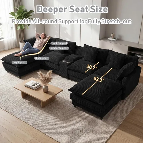Vista 3 de Sofá modular en forma de U de 143 pulgadas para sala de estar, sofá modular de gran tamaño, sofás seccionales modernos, asiento profundo de pana