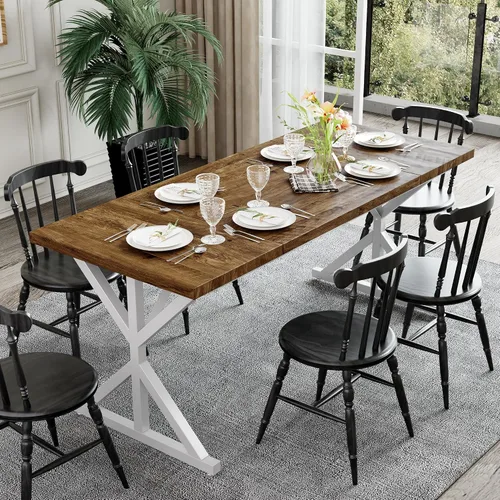 Vista 6 de Mesa de comedor de granja para 6-8 personas, mesa de comedor rectangular de madera de 70.8 pulgadas, mesa de cocina rústica con patas de metal extra