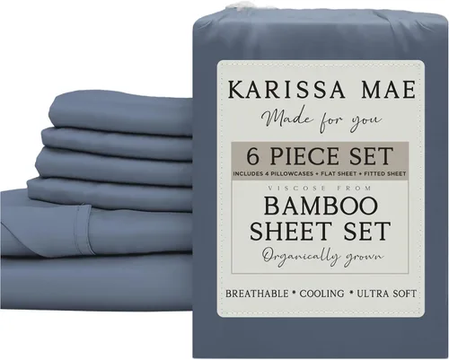 Vista 26 de KARISSA MAE Juego de sábanas de viscosa de bambú de lujo, 100% certificado FSC, refrescante, lujosamente suave, bolsillos profundos de 18 pulgadas