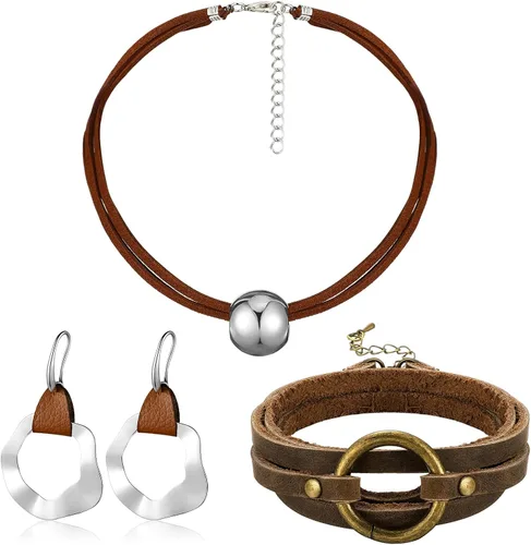 Vista 24 de 3 piezas de joyería boho occidental para mujer, conjunto de joyas de turquesa, aretes vintage, pulsera, collar bohemio occidental para mujer Negro