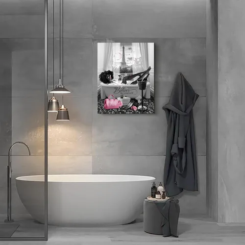 Vista 3 de Arte de pared afroamericano para decoración de baño, arte de pared de niña negra en la bañera, impresiones de lienzo moderno rosa decoración