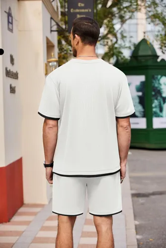 Vista 73 de COOFANDY Conjunto de camisa y pantalones cortos de gofre para hombre, conjunto de 2 piezas, conjunto casual de verano con bolsillos