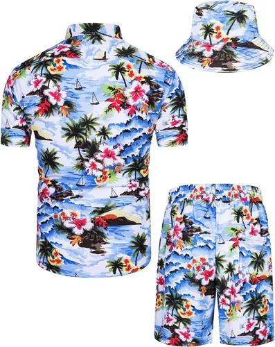 Vista 27 de TUNEVUSE Conjunto de camisas y pantalones cortos hawaianos para hombre, 2 piezas, trajes de playa con estampado de flores, traje tropical de verano