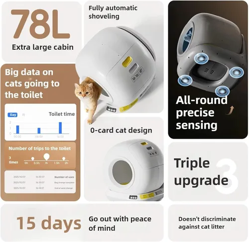 Vista 4 de Caja de arena autolimpiante para gatos de 78 litros Automática totalmente cerrada, control de aplicaciones, espacio extra grande Bandeja Blanco