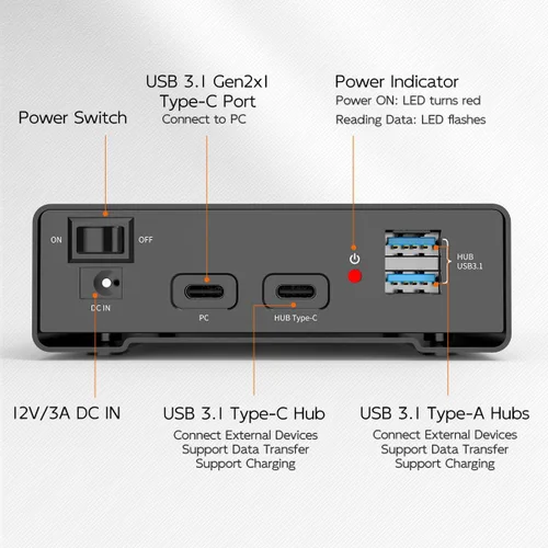 Vista 5 de MAIWO Caja de Carcasa Externa para Disco Duro SATA de 2.5 3.5 Pulgadas SSD HDD, USB C 3.1 GEN2 de 10Gbps Lector de Disco Duro con UASP, Capacidad