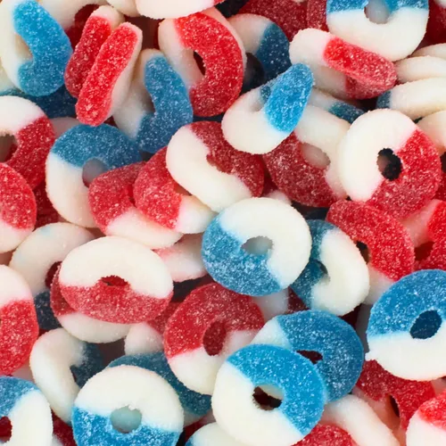 Vista 6 de Coronas de gomitas navideñas - Dulces navideños de gomitas, anillos de goma recubiertos de azúcar rojo, verde y blanco festivos de Queen City Candy