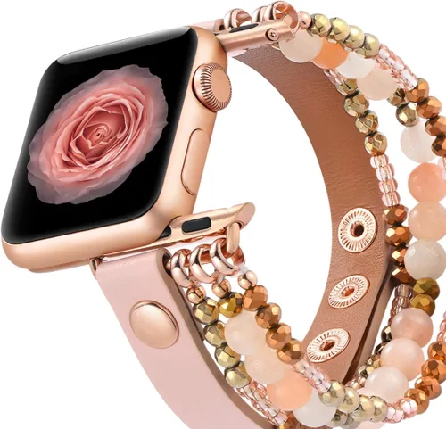 Vista 3 de fastgo Correa de cuero compatible con Apple Watch de 1.77, 1.73, 1.65 y 1.73 pulgadas, correa elástica con cuentas para mujer, correa elástica