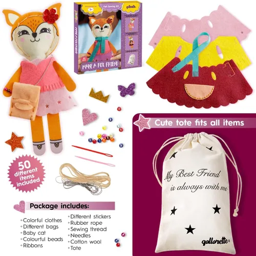 Vista 2 de qollorette Kit de costura de fieltro para niños, haz tu propio juguete de zorro, kit de manualidades para niños - Kit de costura Haz un amigo - Kit