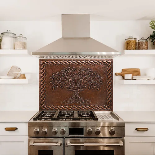 Vista 6 de Protector contra salpicaduras de cocina, árbol de la vida celta con borde de nudo celta para cocina, panel de cobre personalizado, azulejos de cobre