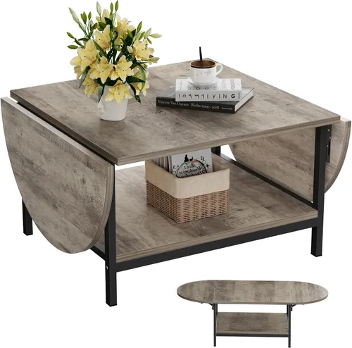 Vista 9 de SAYGOER - Mesa de café negra moderna con extensión y almacenamiento para sala de estar, mesa central única de 2 niveles con dos paneles plegables