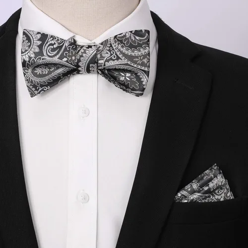 Vista 38 de HISDERN Pajaritas para hombre, corbatín de cachemira para hombre, corbata de lazo y bolsillo cuadrado, juego formal de esmoquin para boda
